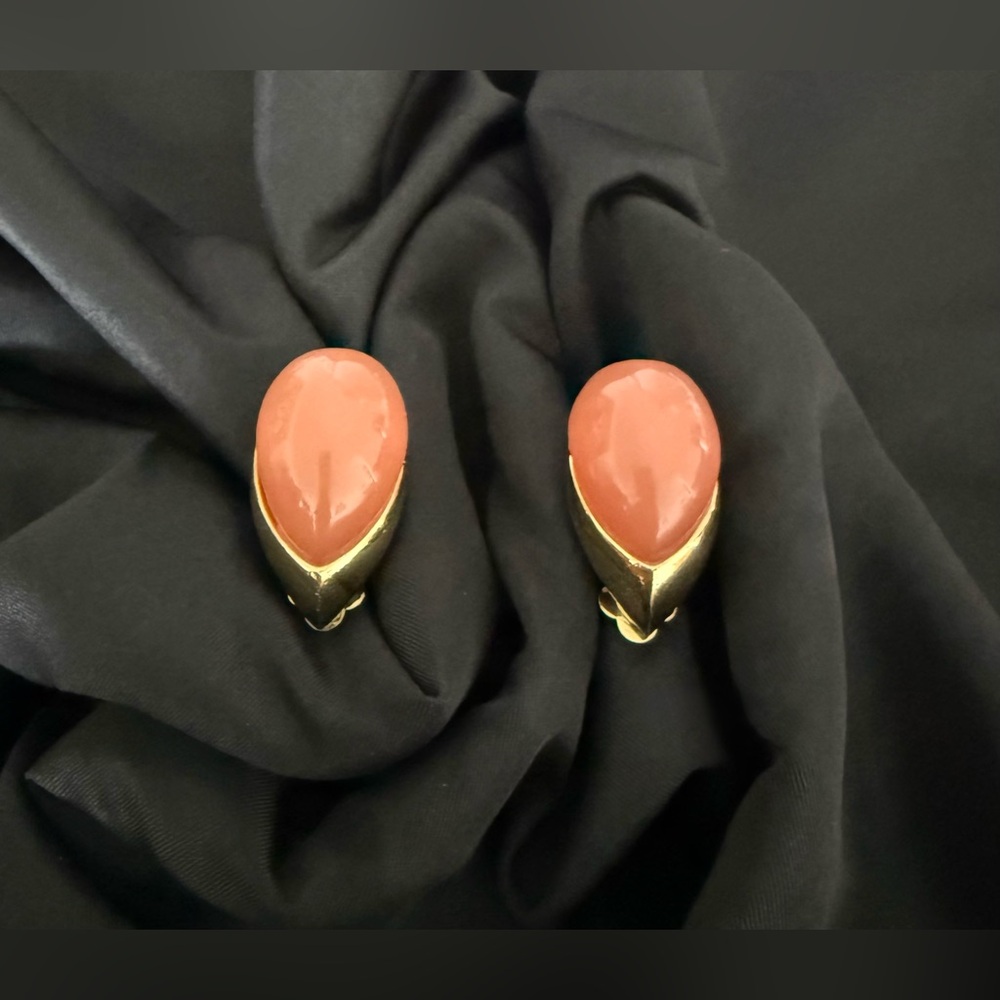 1980’s Givenchy Gold Tone Clip Earrings With Coral Color Glass Stone. Gift boxed